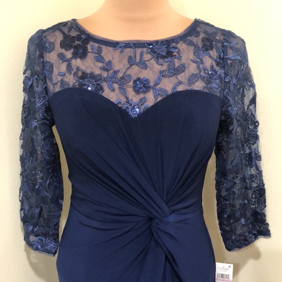 NWT Alex Evenings Formal Maxi Dress Size 6 Navy Blue Knotted Embroidered Gown - Picture 3 of 15